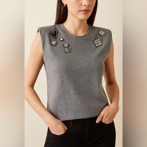 EUC Cinq à Sept Scoop Neck Sleeveless Embellished T-Shirt Sz S